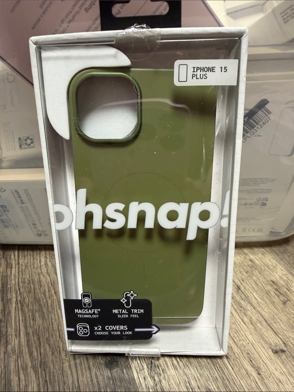Snap Olive Green iPhone 15 Plus Case with Metal Trim and MagSafe